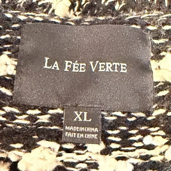 Anthropologie La Fee Verte Boho Fringe Cardigan Sweater Black White Striped XL - Picture 6 of 8